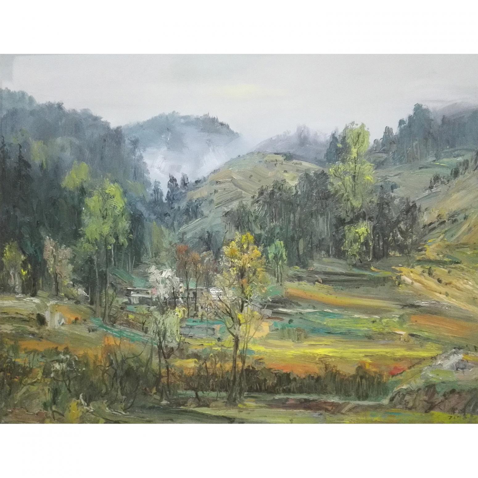 朱明油畫作品《【山澗小村】作者朱明》