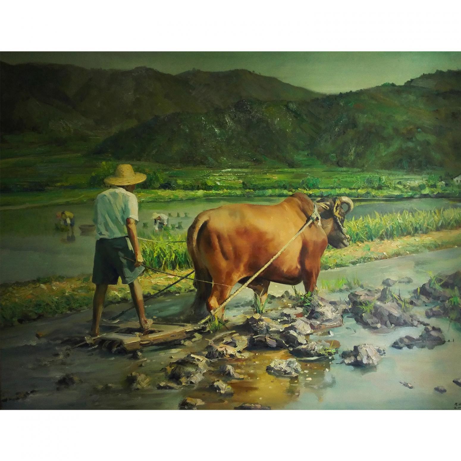 朱明油畫作品《【牛耕】作者朱明》