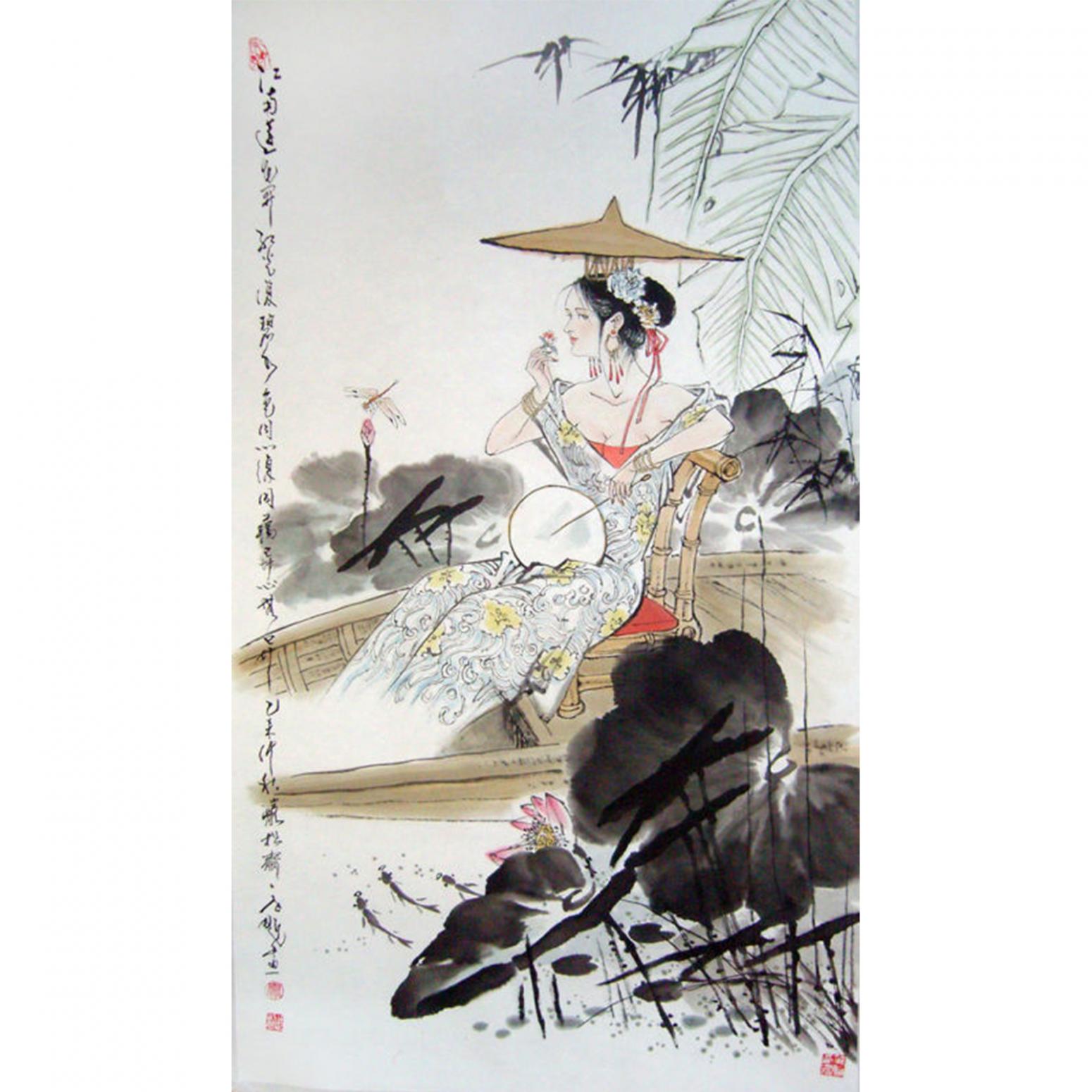 竇世魁國畫作品《人物畫-臥蓮》