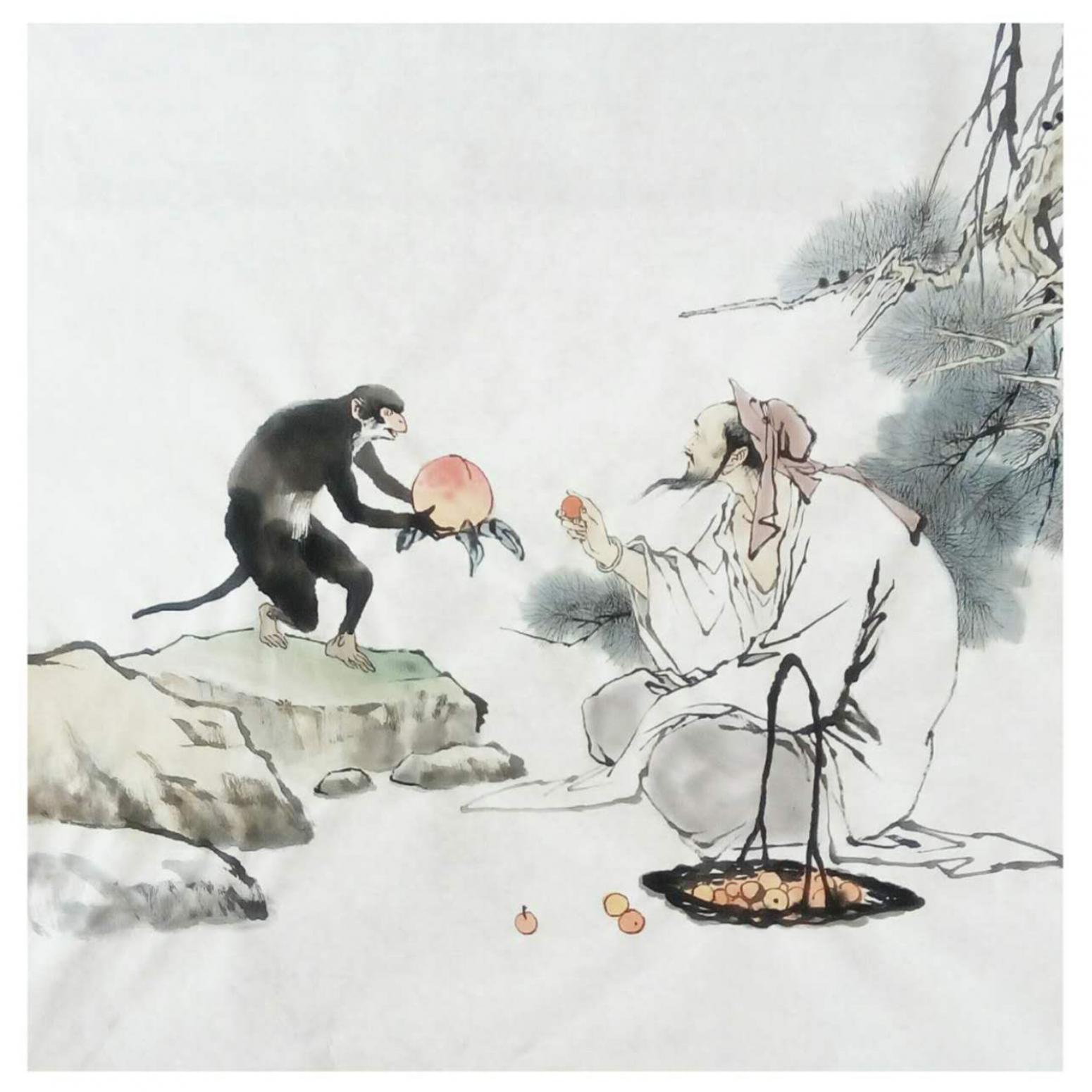 竇世魁國畫作品《人物畫-神猿獻(xiàn)壽》