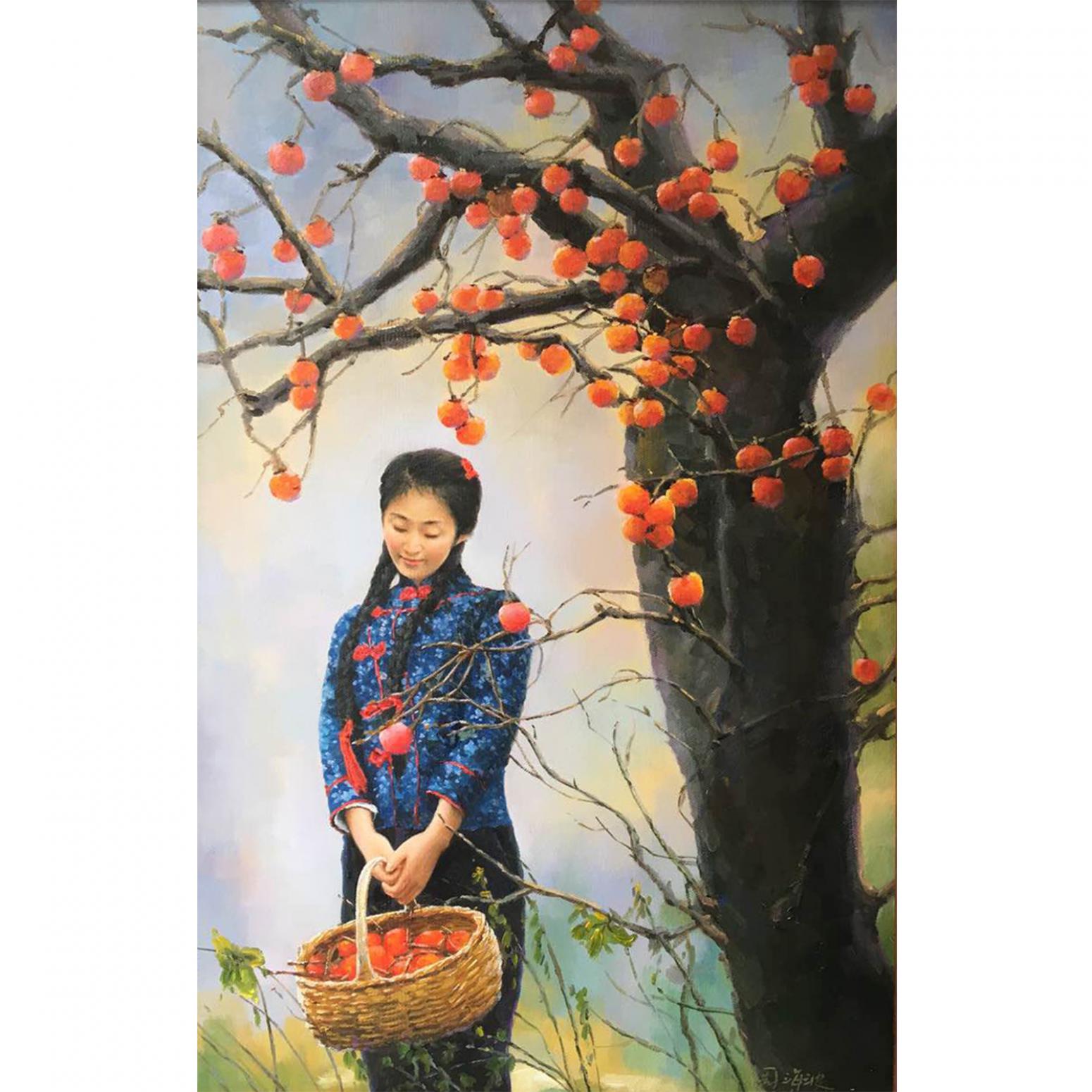 周海波油畫作品《【柿子紅了】作者周海波》
