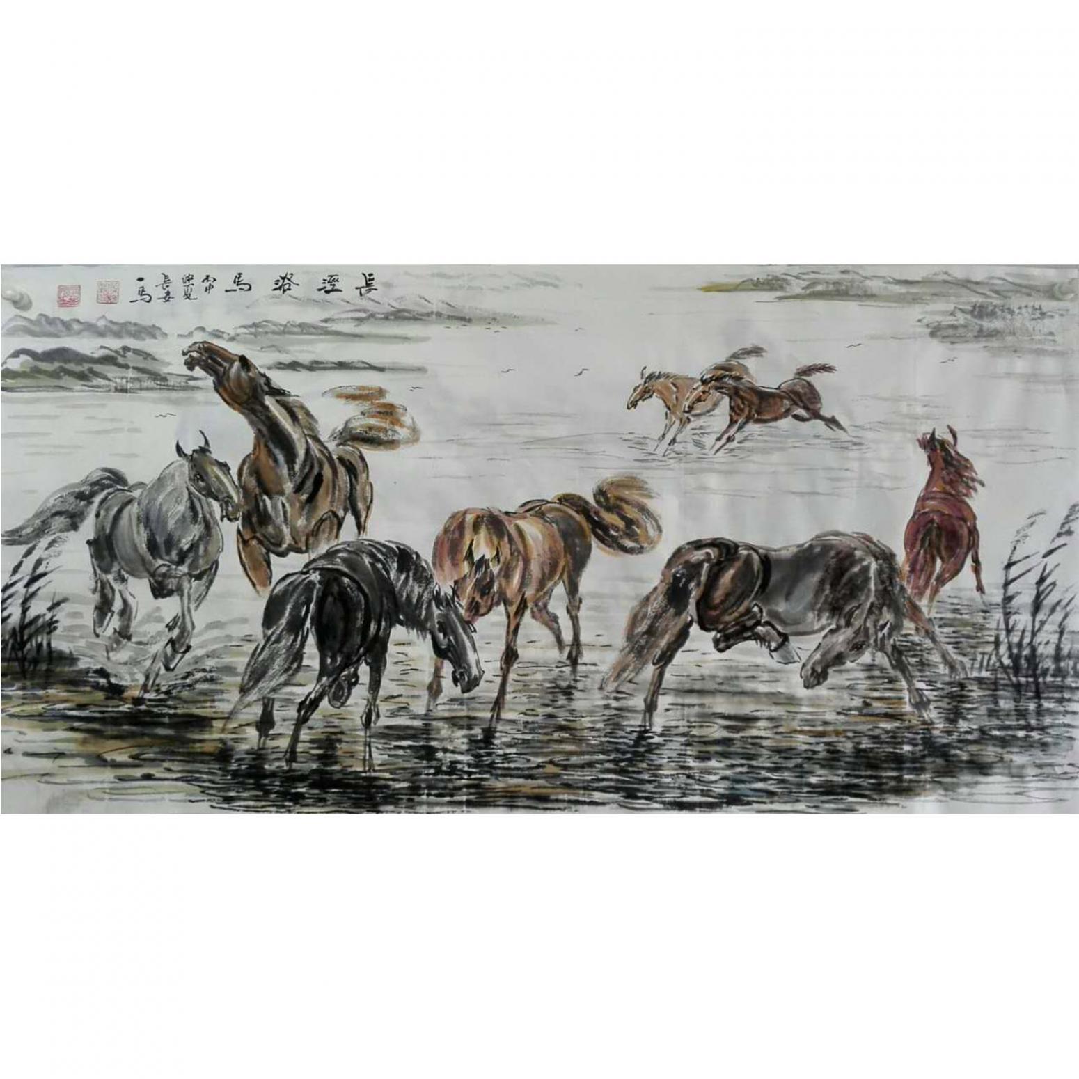 邵西安國(guó)畫作品《【長(zhǎng)涇浴馬】作者邵西安》