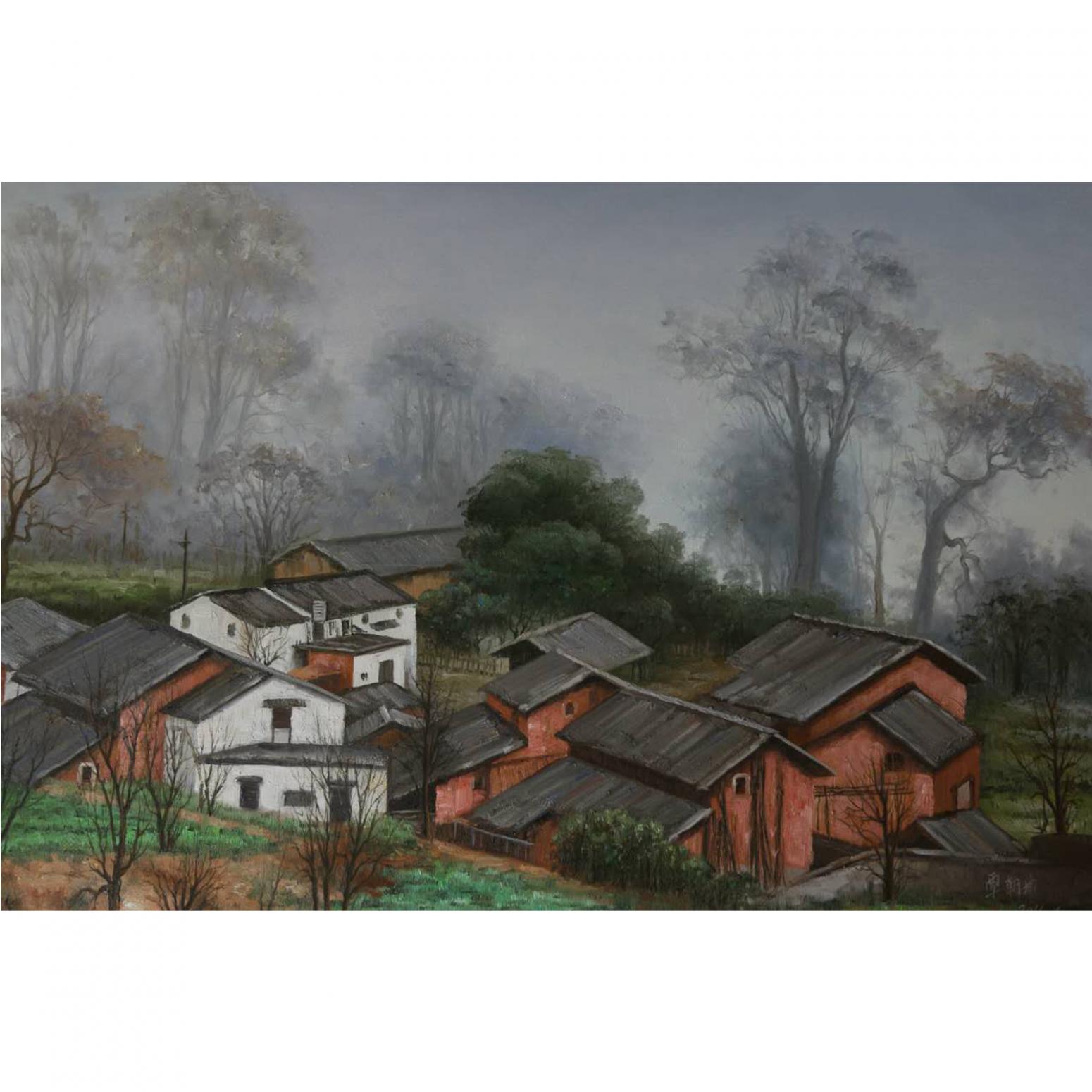 覃朝坤油畫作品《【山村】作者覃朝坤》