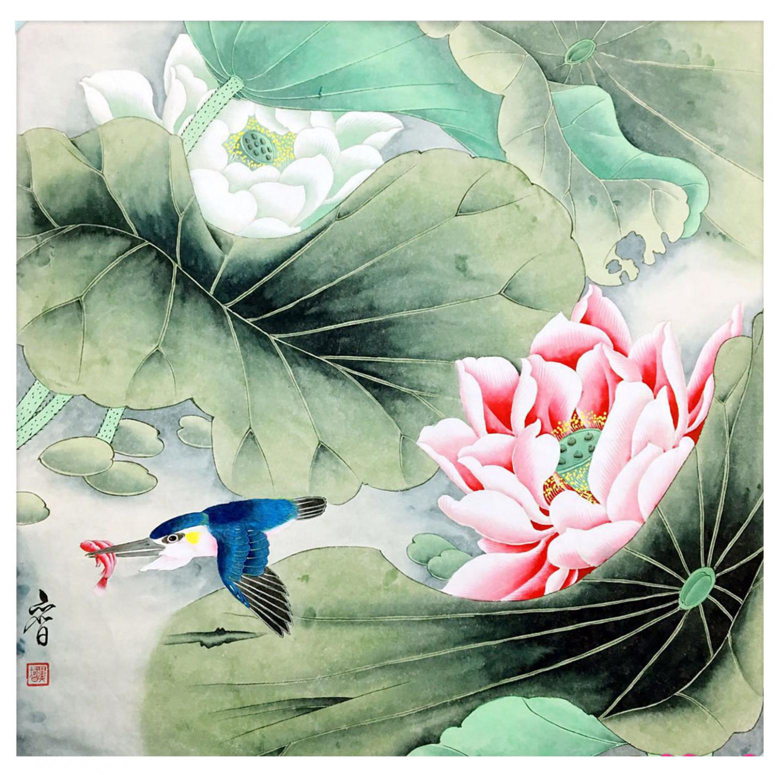 田奕智國畫作品《【捕魚穿蓮過】作者田奕智》