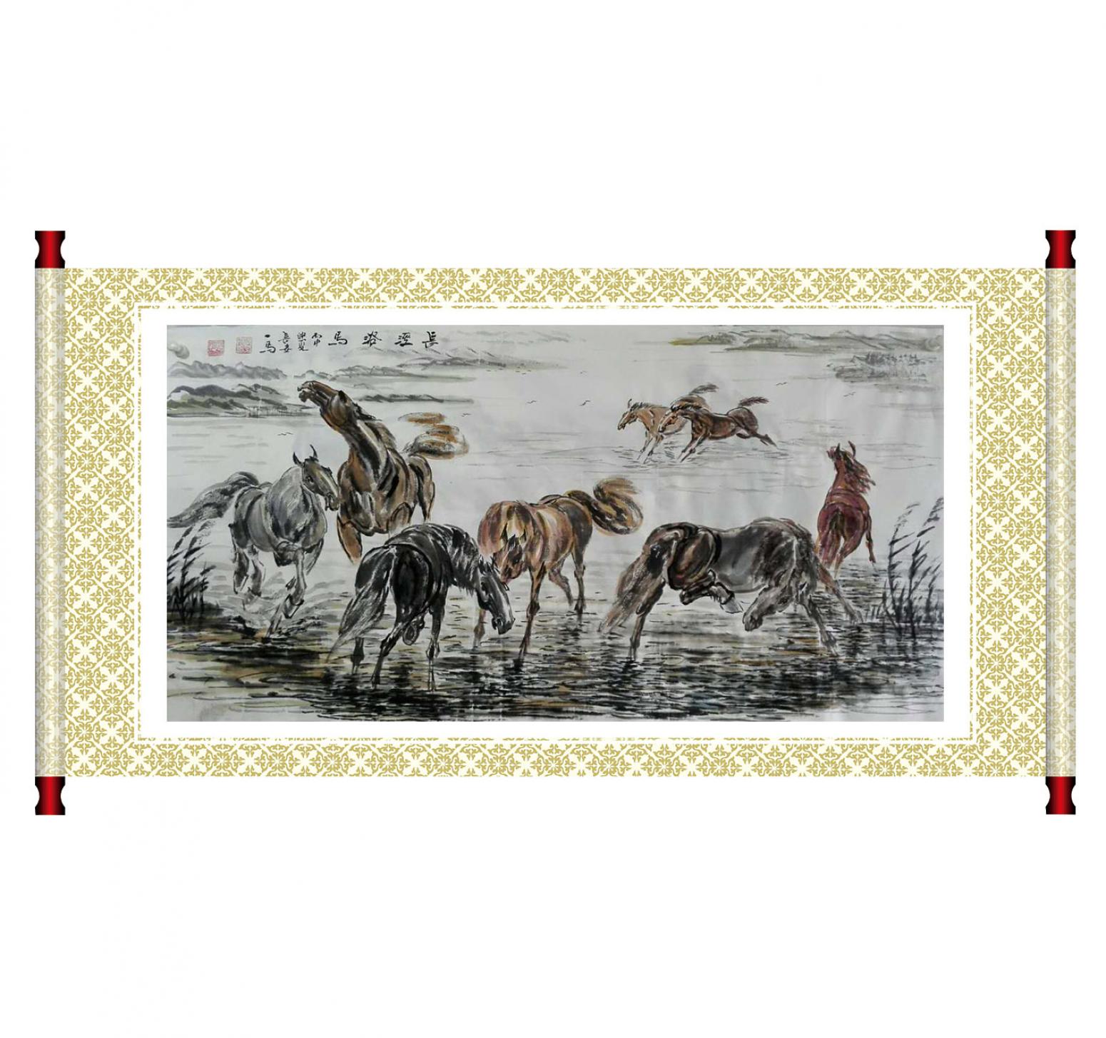 邵西安國(guó)畫作品《【長(zhǎng)涇浴馬】作者邵西安》【圖1】