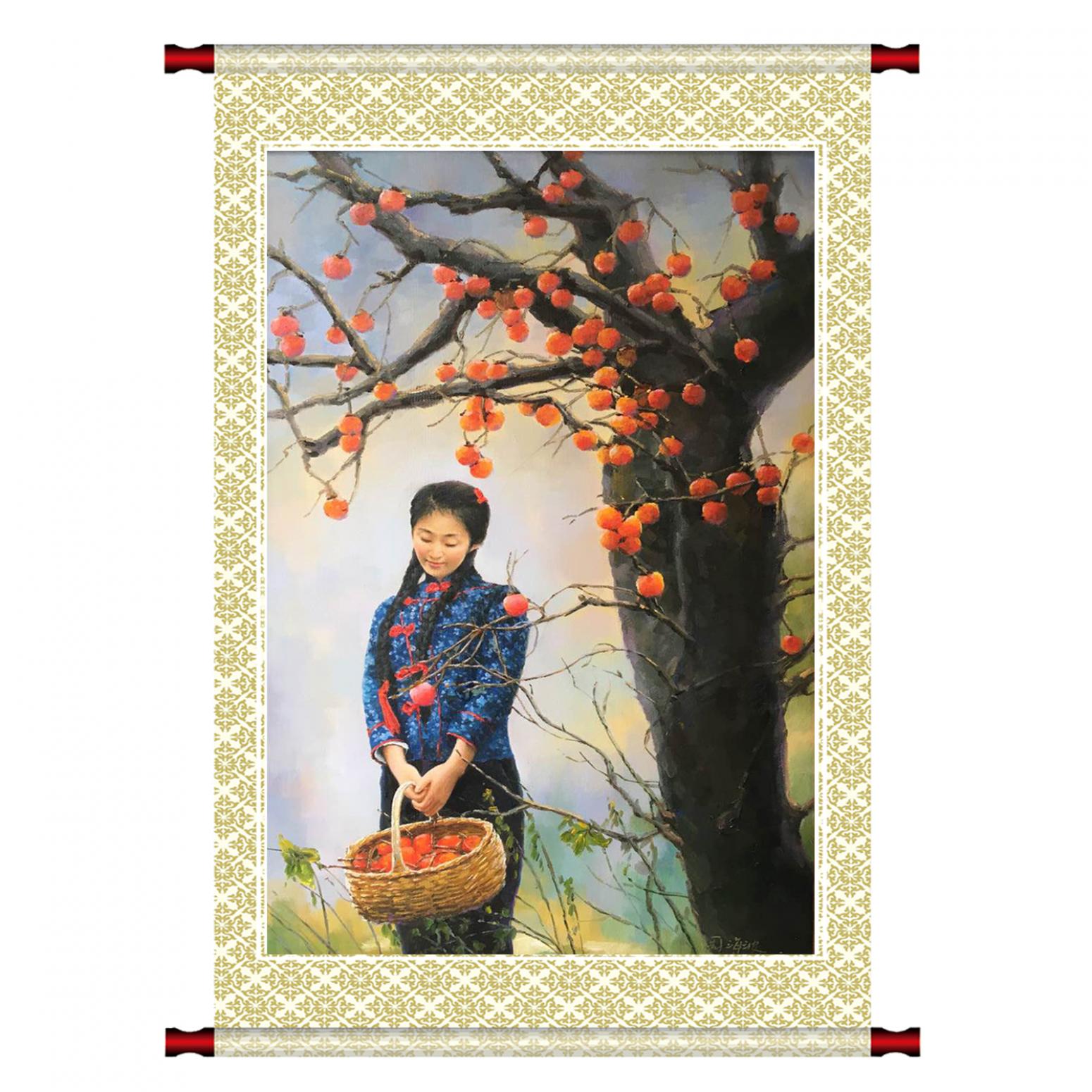 周海波油畫作品《【柿子紅了】作者周海波》【圖1】