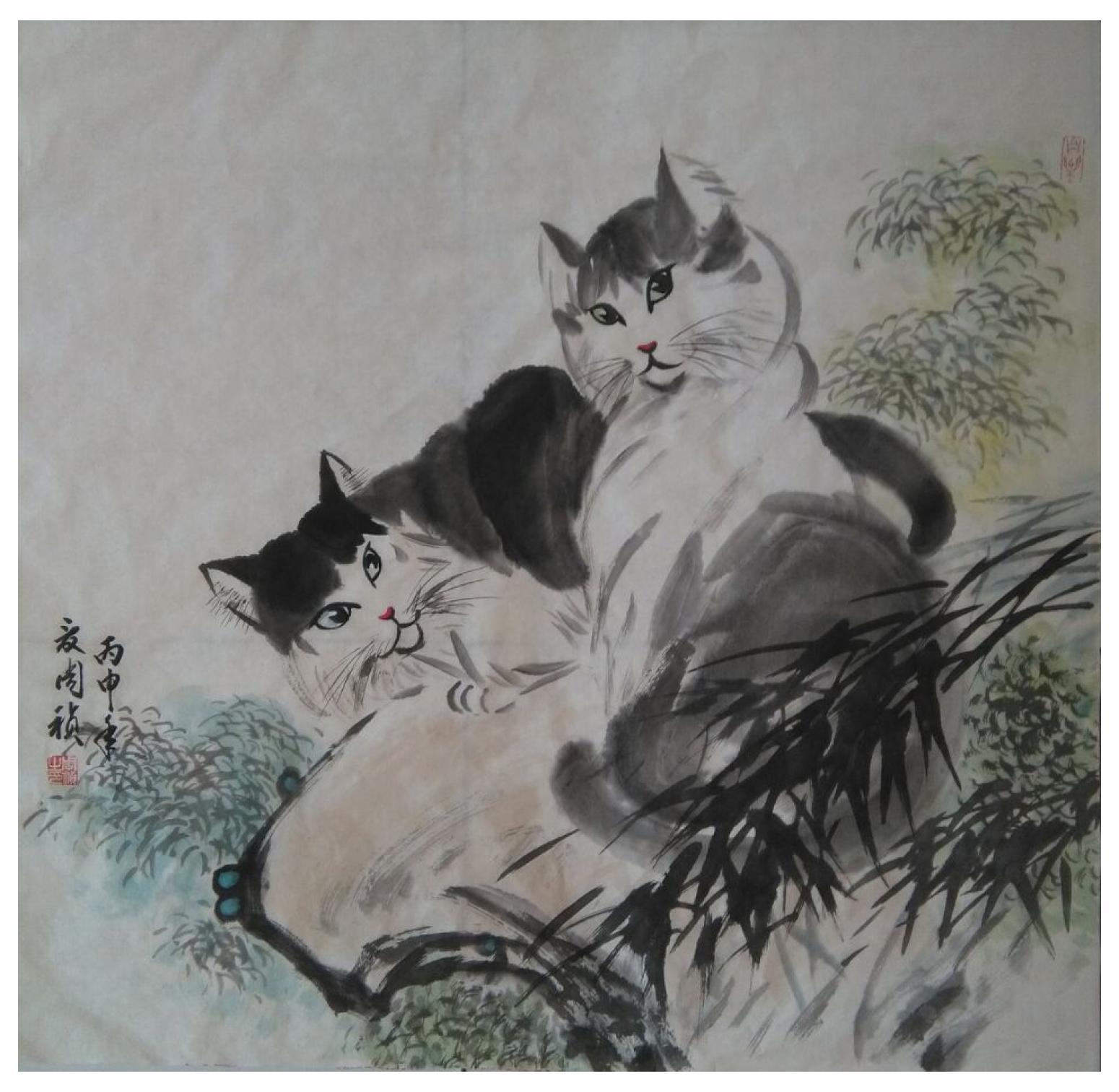 周禎國畫作品《【貓】作者周禎》