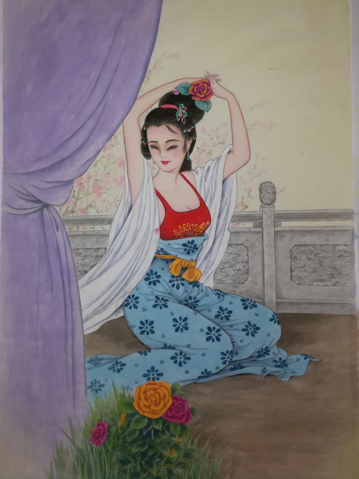 徐景蓮國畫作品《簪花圖》