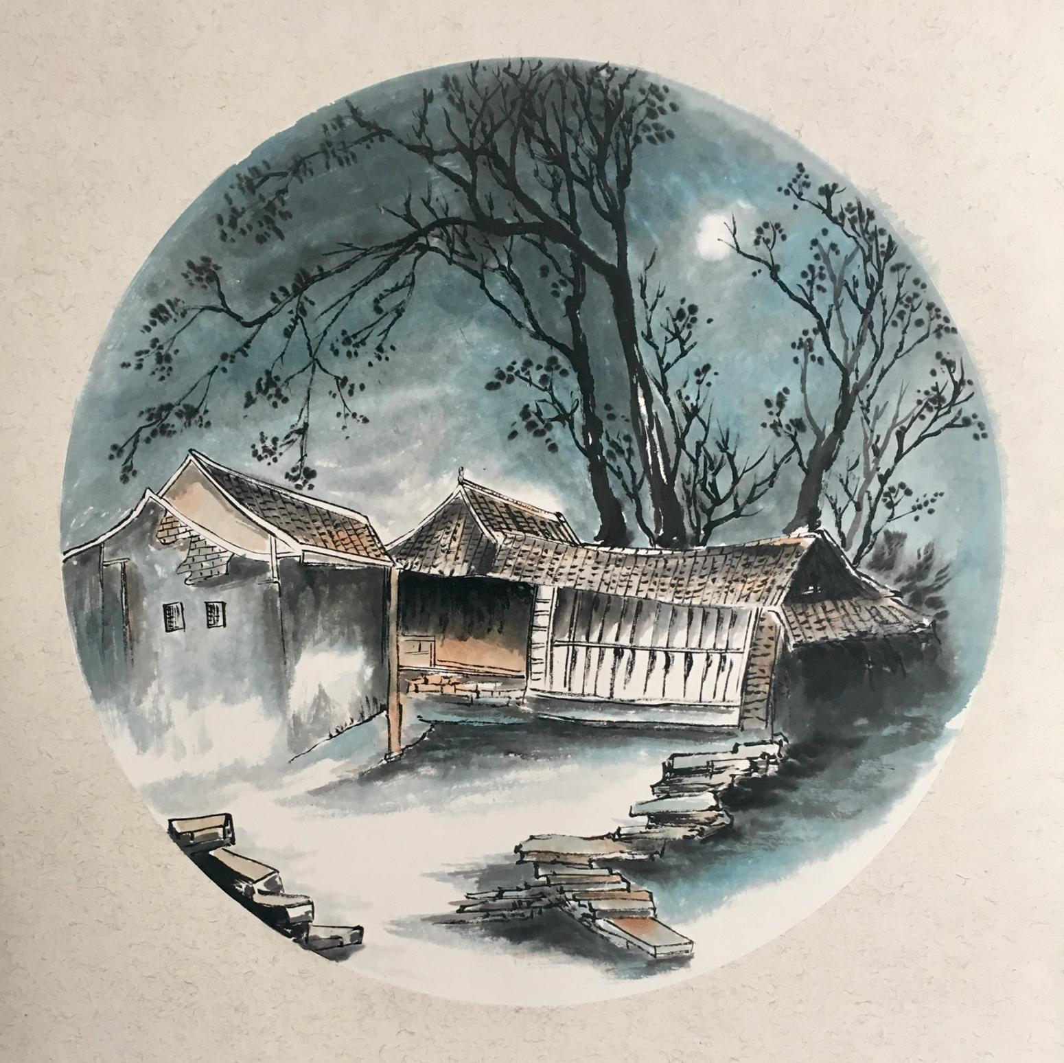 李小建國(guó)畫(huà)作品《鄉(xiāng)村人家》
