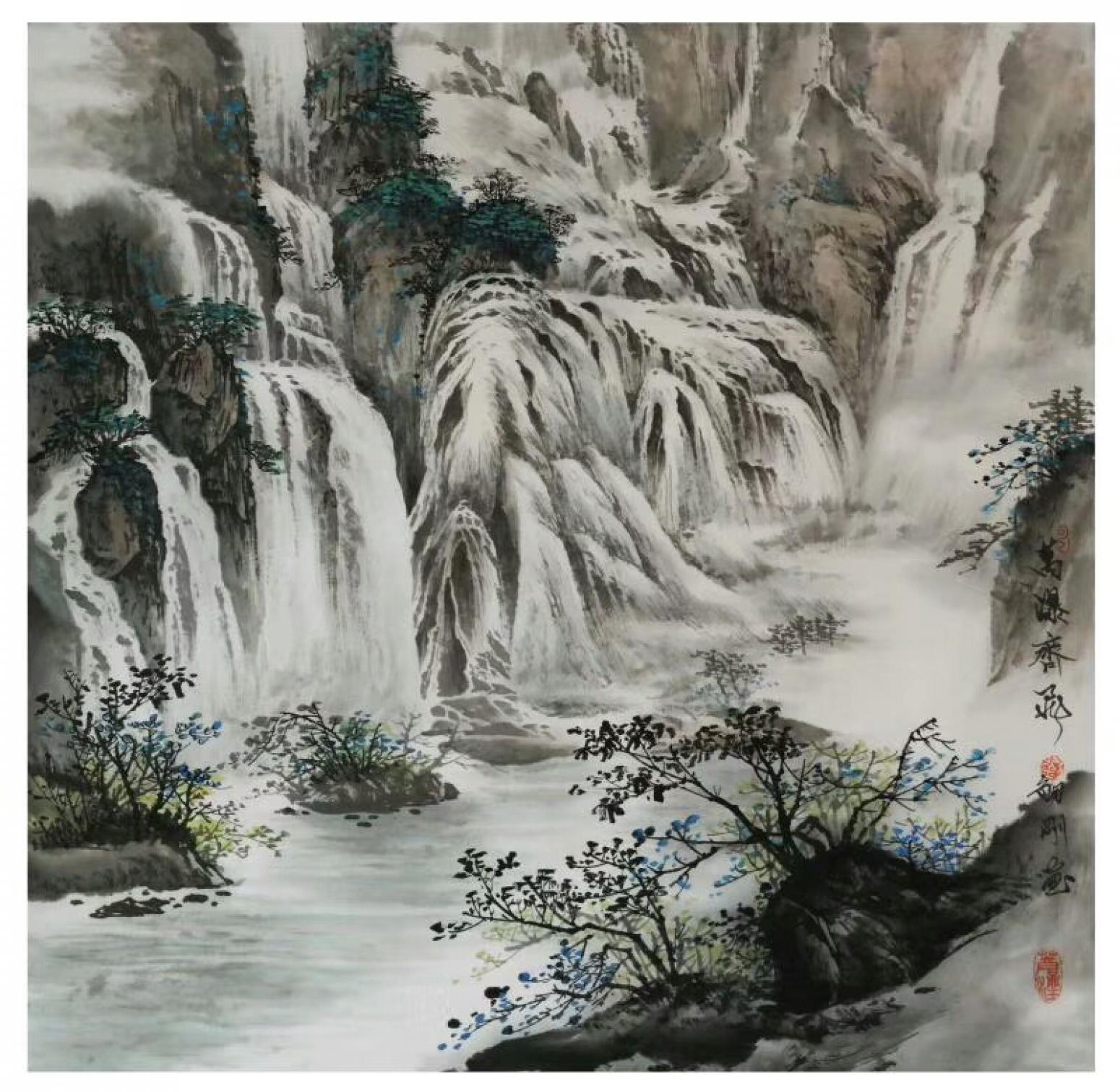 劉劍剛國畫作品《萬瀑齊飛》