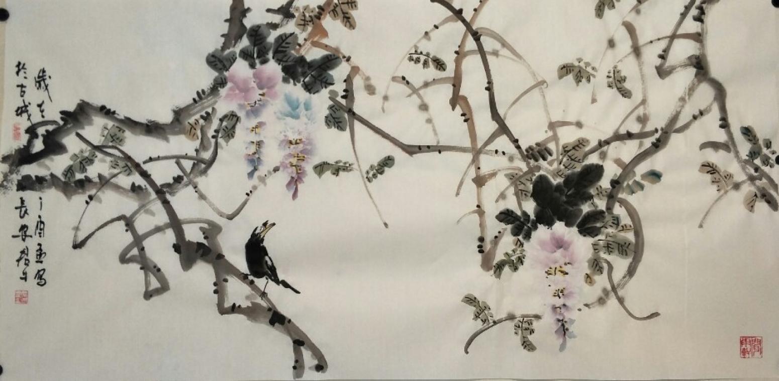 田君才國(guó)畫(huà)作品《紫藤》