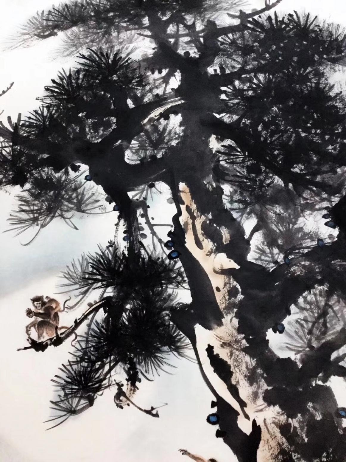 羅樹輝國畫作品《松樹猴子-祥和》【圖3】