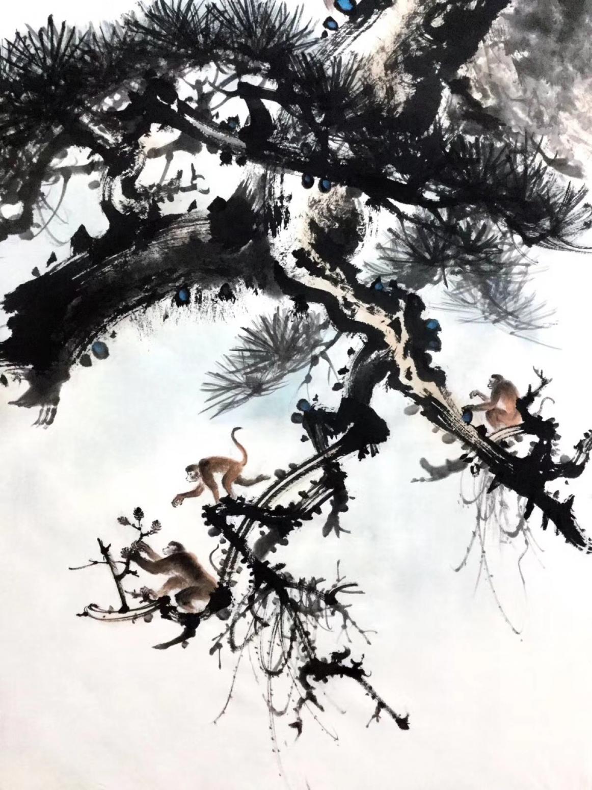 羅樹輝國畫作品《松樹猴子-祥和》【圖4】