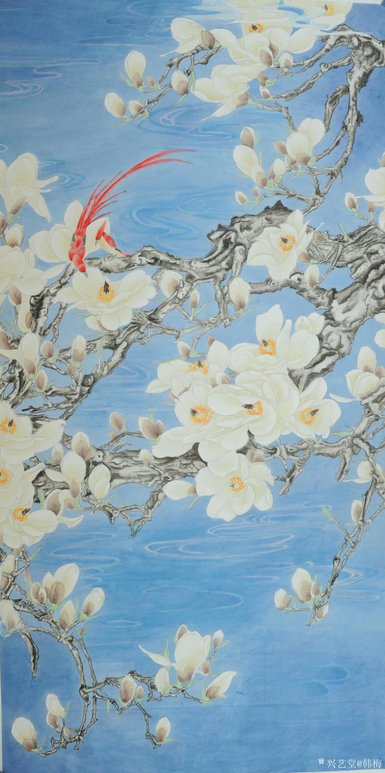 韓梅國畫作品《玉蘭雙壽圖》