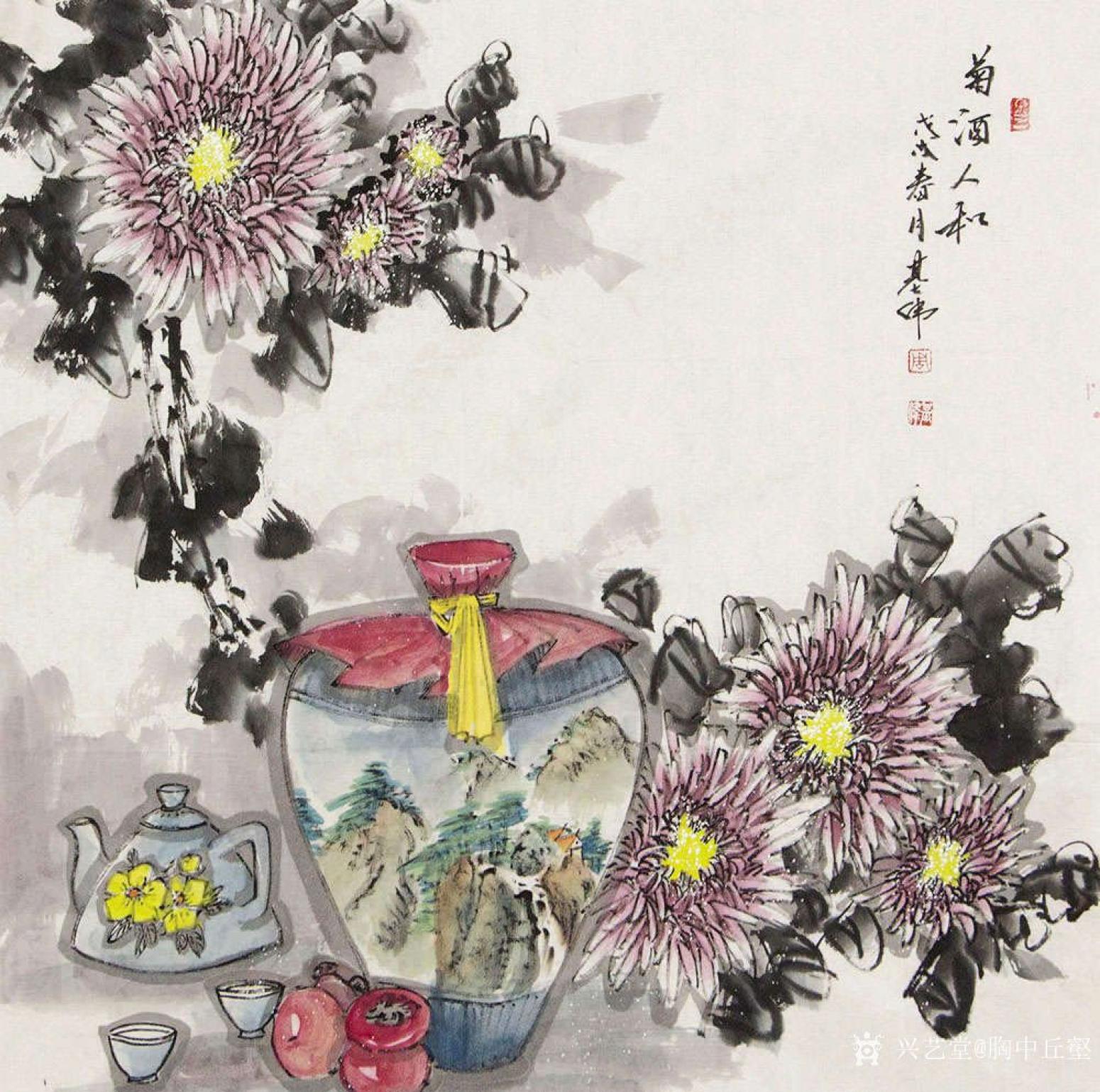 胸中丘壑國(guó)畫作品《菊酒人和》【圖0】
