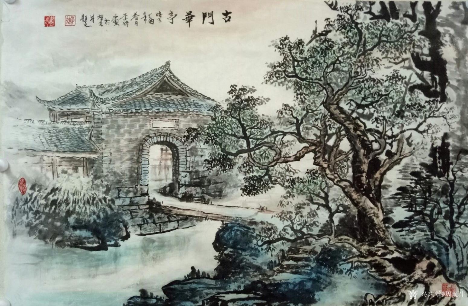 周順生國(guó)畫(huà)作品《四尺三開(kāi)古門(mén)華亭》