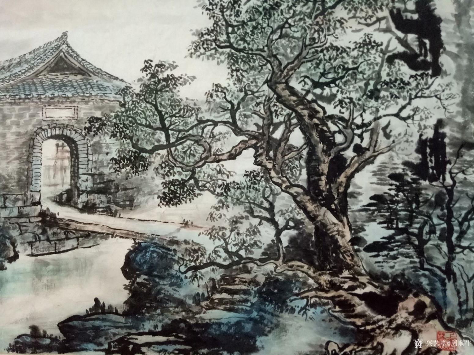 周順生國(guó)畫(huà)作品《四尺三開(kāi)古門(mén)華亭》【圖1】