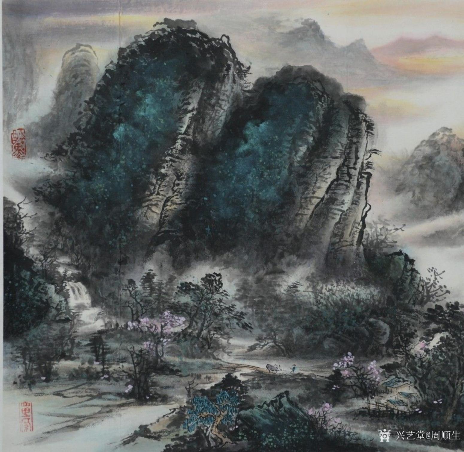 周順生國畫作品《四尺三開山水有情天》【圖5】