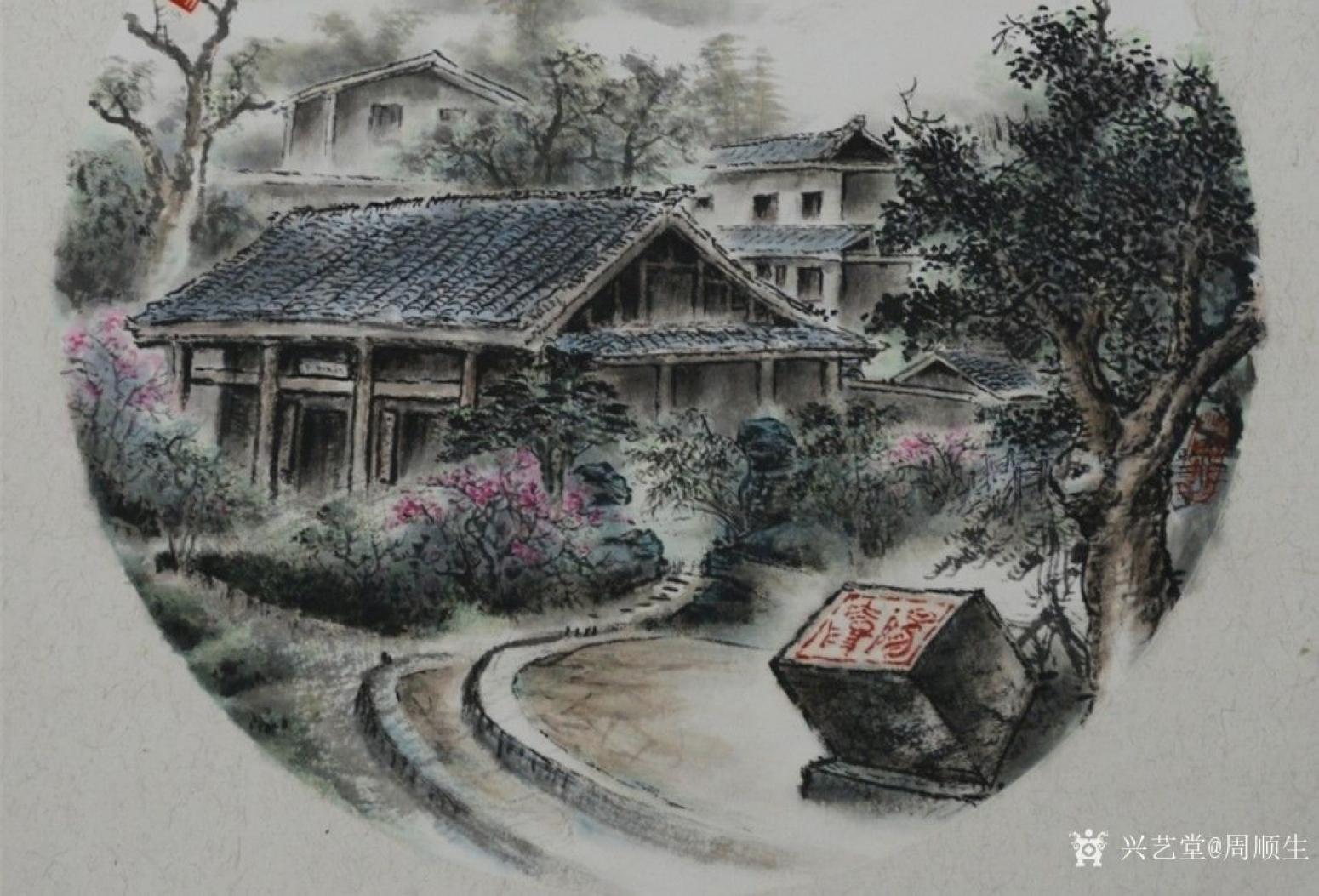 周順生國(guó)畫作品《團(tuán)扇陽(yáng)太陽(yáng)故居》【圖4】