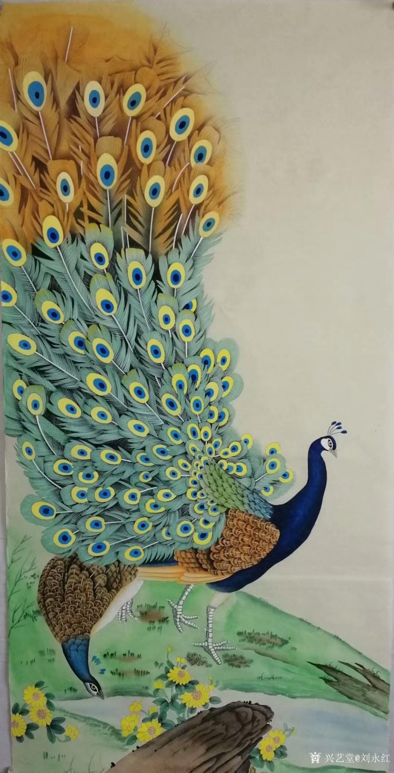 劉永紅國畫作品《工筆花鳥孔雀開屏》