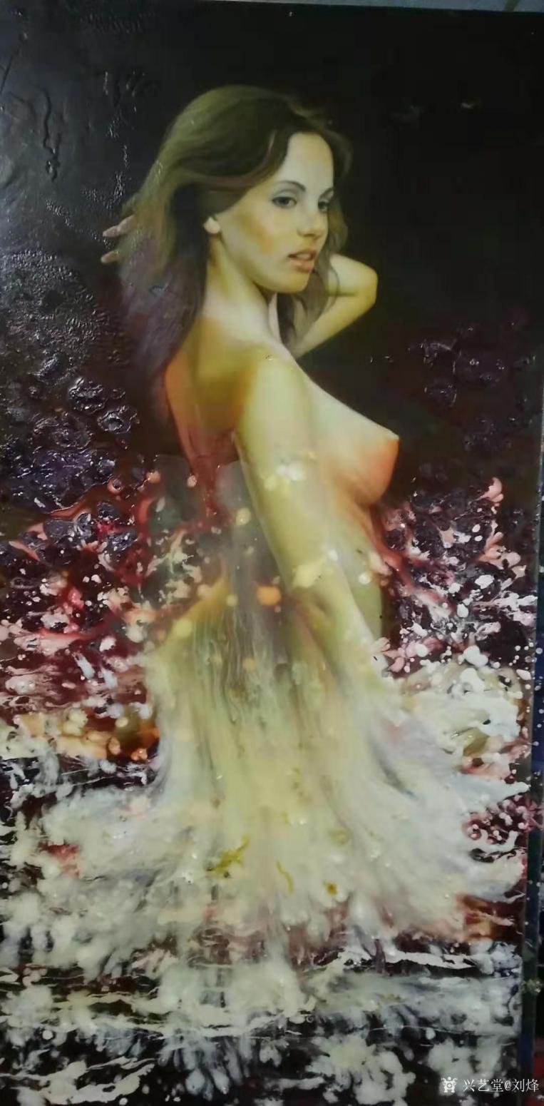 劉烽油畫作品《海邊沐浴的少女》