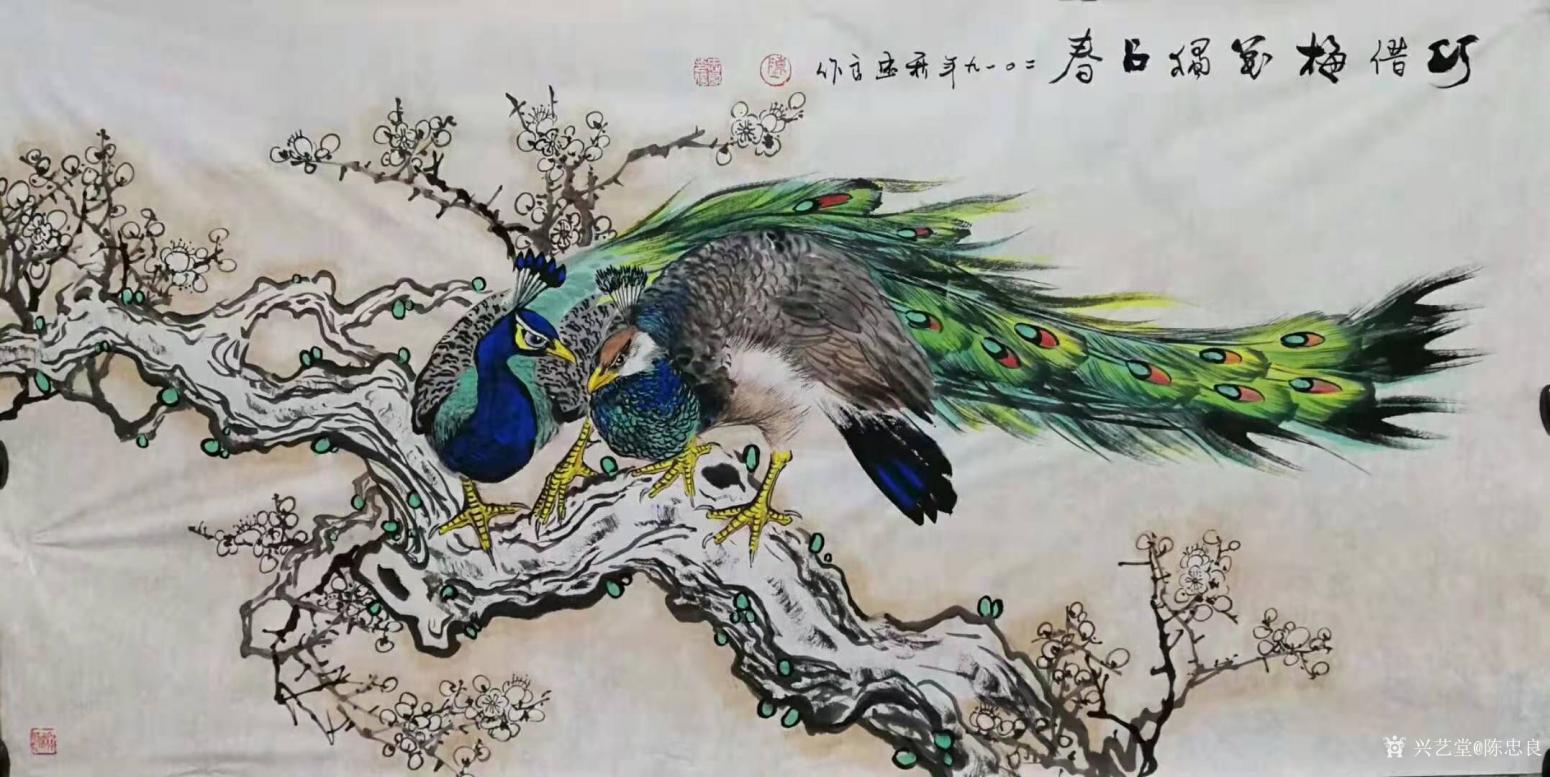 陳忠良國畫作品《孔雀-巧借梅花獨占春》