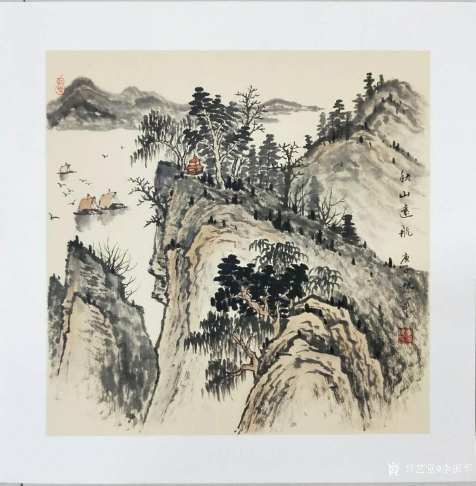 李振軍國(guó)畫作品《仿古山水-秋山遠(yuǎn)航》