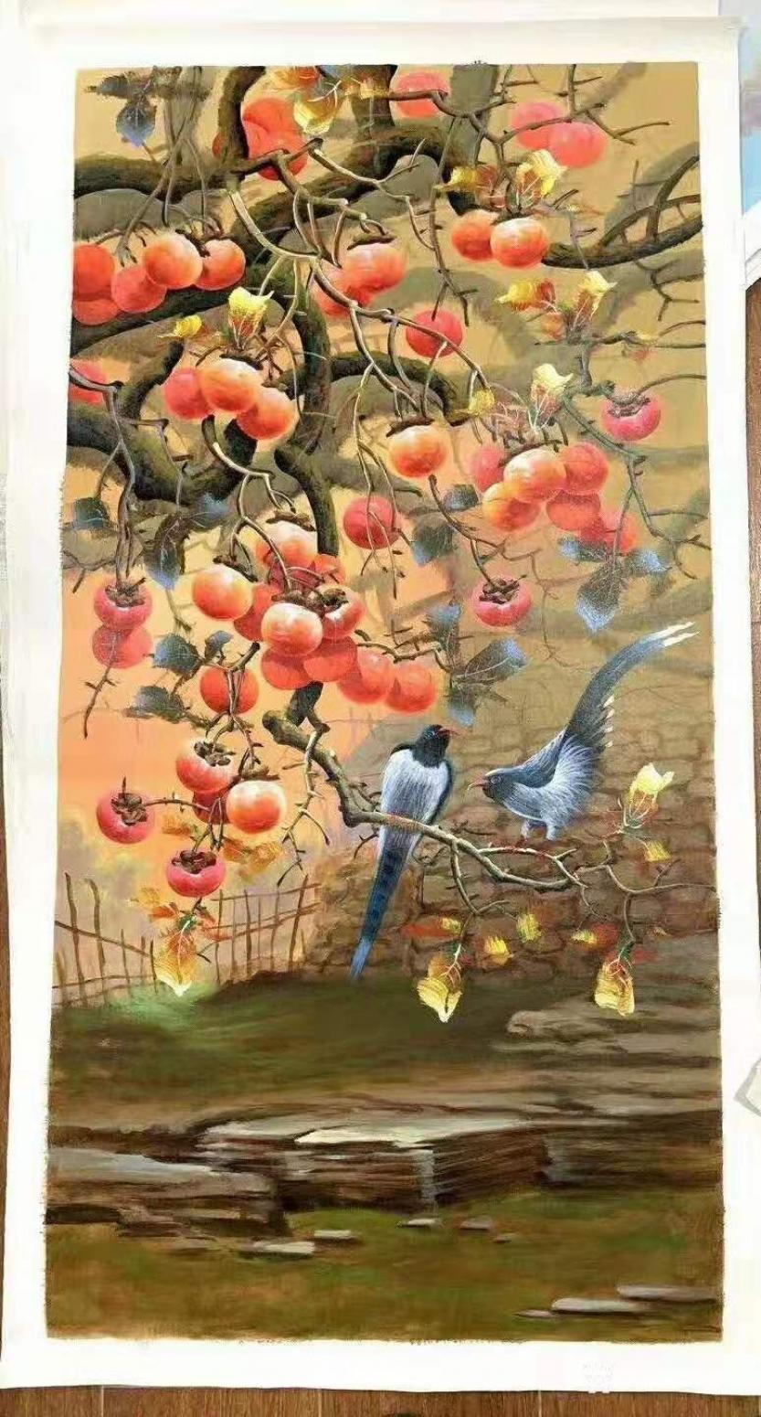 黎群油畫(huà)作品《油畫(huà)柿子喜鵲事事如意》【圖0】