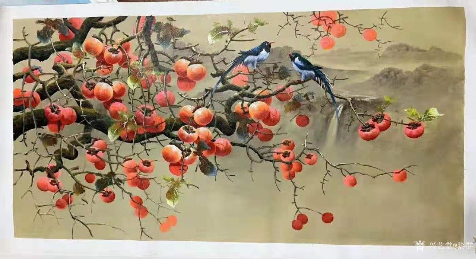 黎群油畫作品《柿子喜鵲事事如意二》【圖0】