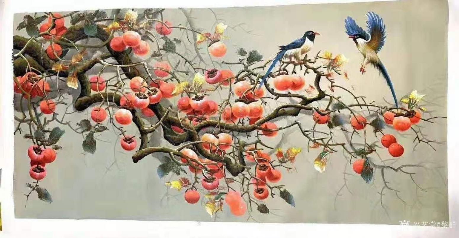 黎群油畫(huà)作品《柿子喜鵲事事如意三》