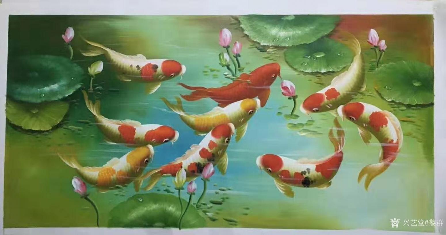 黎群油畫作品《九魚圖(五)橫幅》