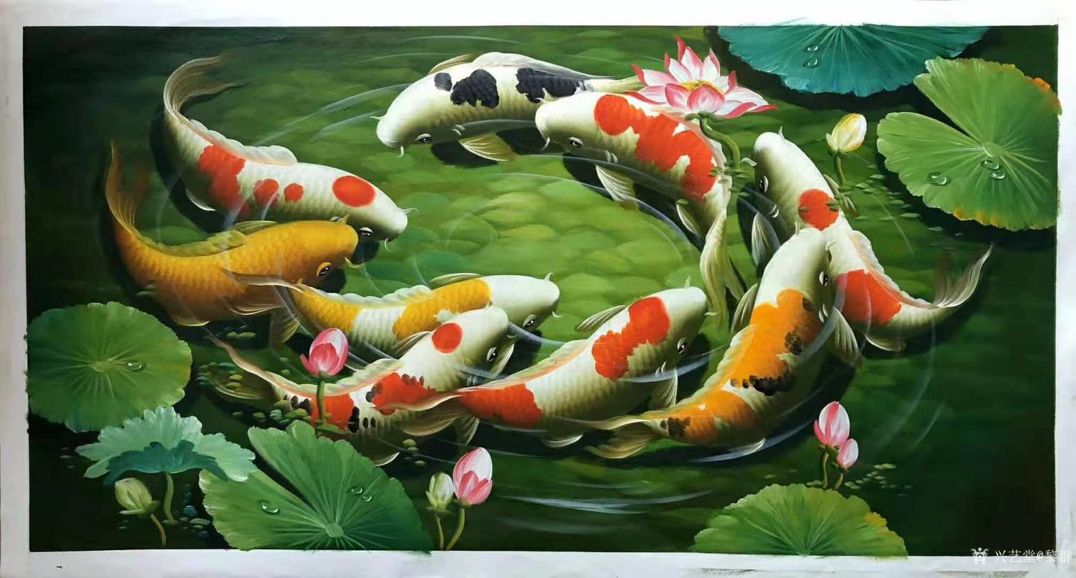 黎群油畫作品《九魚圖(九)橫幅》