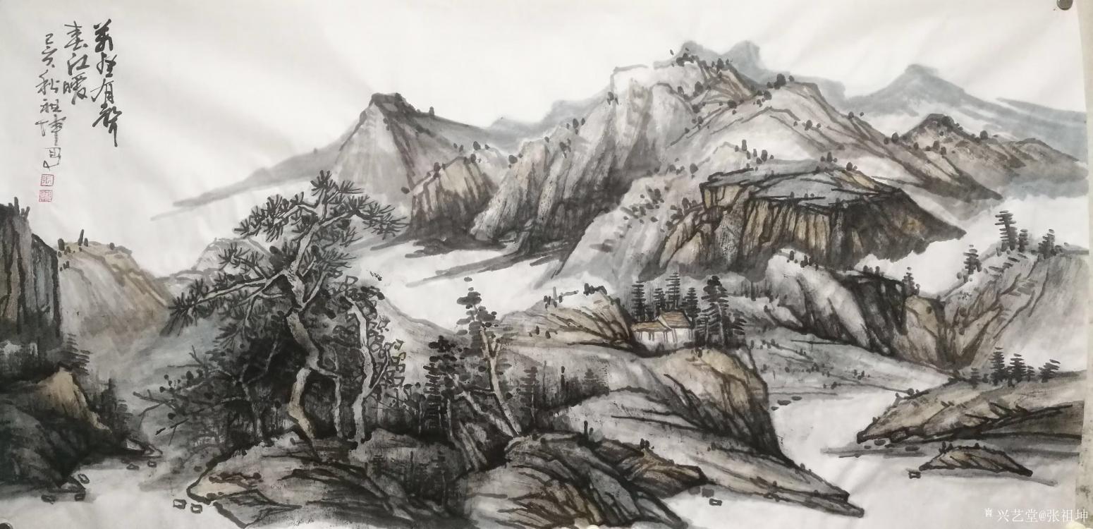 張祖坤國畫作品《山水-羌屋有聲春江暖》