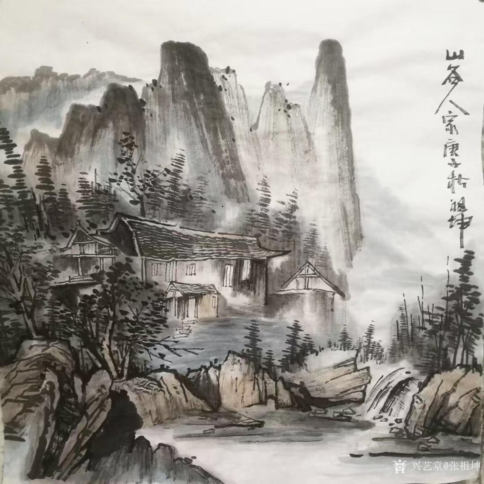 張祖坤國畫作品《山水-山谷人家》
