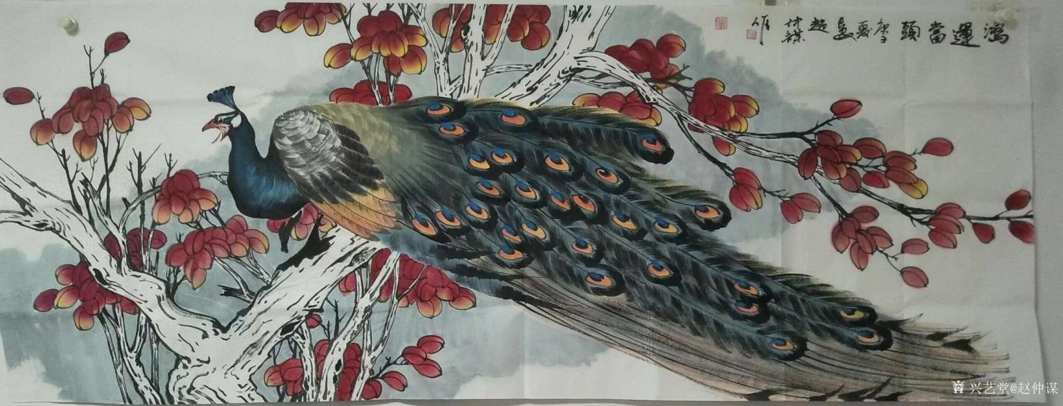 趙仲謀國畫作品《花鳥孔雀-鴻運(yùn)當(dāng)頭》【圖0】