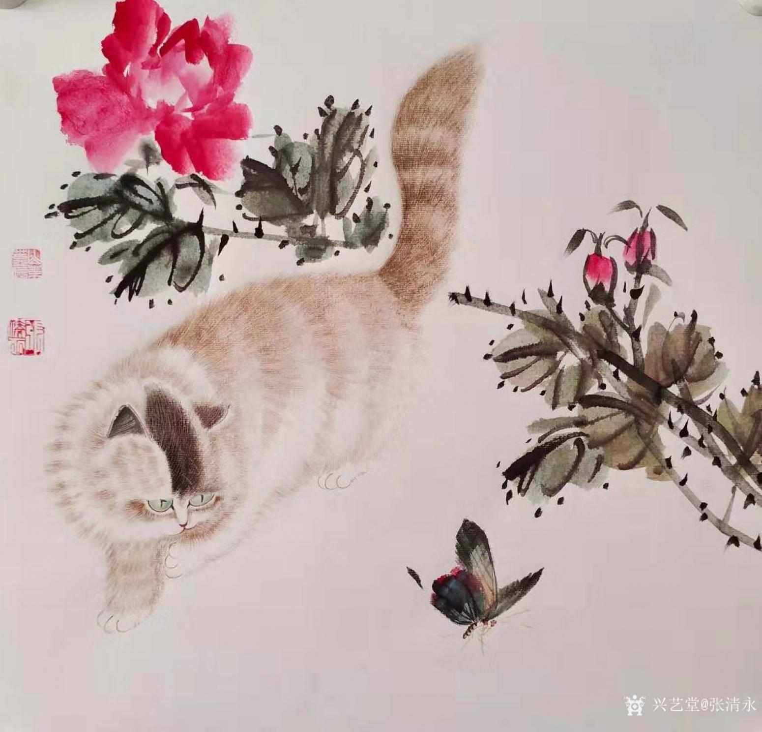 張清永國畫作品《花鳥-貓蝶圖》