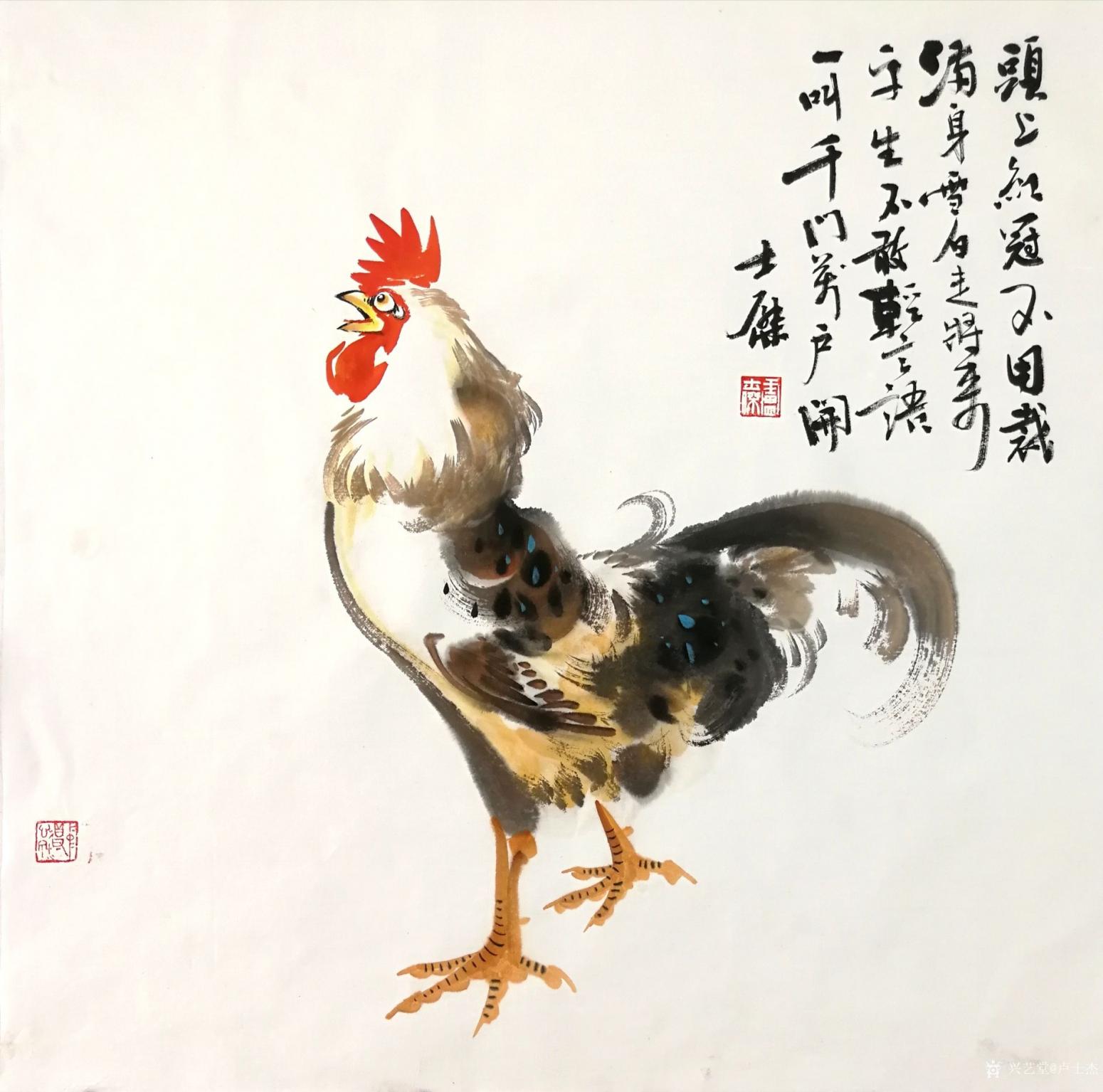 盧士杰?chē)?guó)畫(huà)作品《雞-頭上紅冠不用裁》