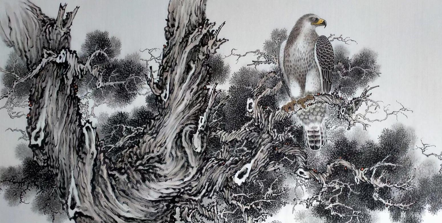谷風(fēng)國(guó)畫作品《鷹-蟄伏》【圖0】