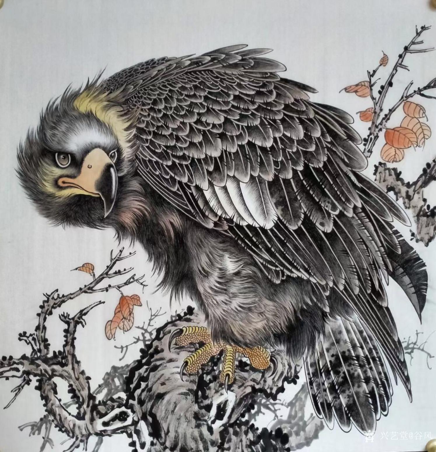谷風國畫作品《鷹-凝視》