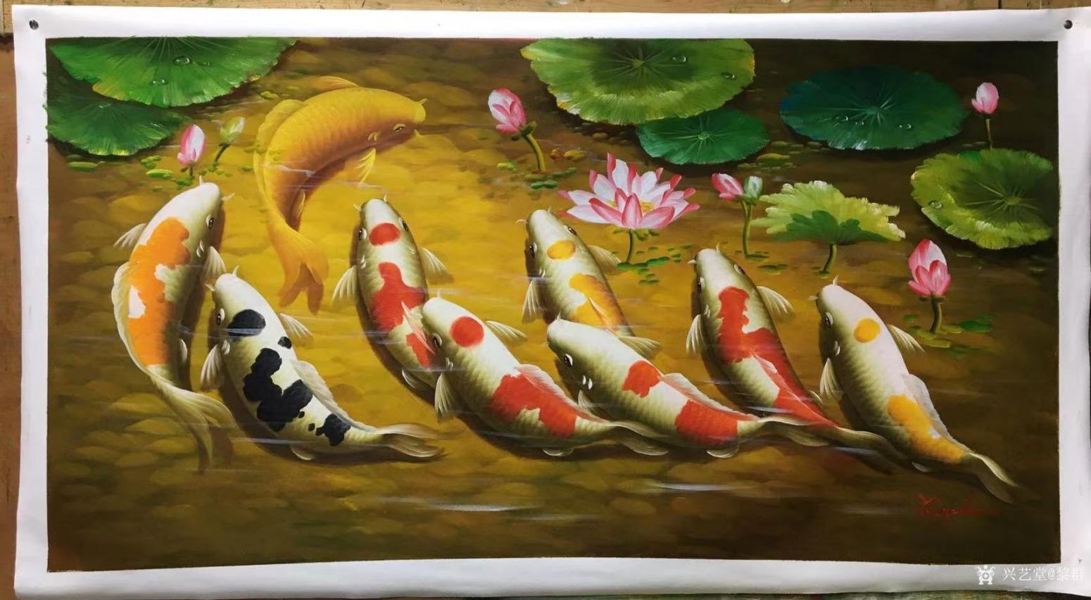 黎群油畫作品《《九魚戲蓮》一》