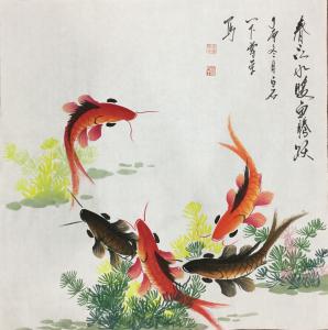 李尊榮國畫作品-《春江水暖魚騰越》
