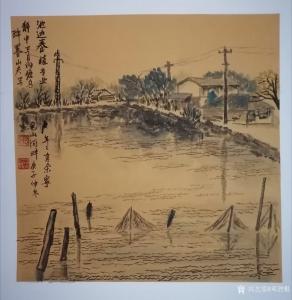 鄧烈根國畫作品-《山水-池邊養(yǎng)殖專業(yè)戶》
