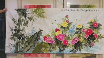 黨文軍收藏-為江蘇省張家港市楊舍鎮(zhèn)濱河路 孫先生創(chuàng)作《花開富貴 竹報平安》八尺248x120【圖1】