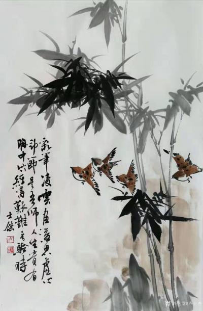 盧士杰日記-國畫花鳥竹子系列作品《平安幸福一家親》《竹報平安》尺寸四尺橫幅68X138cm,【圖6】