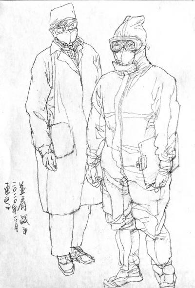 趙國毅日記-抗擊新型冠狀病毒疫情人物速寫作品《爭分奪秒》《武漢方莊醫(yī)院的醫(yī)生》《并肩戰(zhàn)斗》《【圖3】